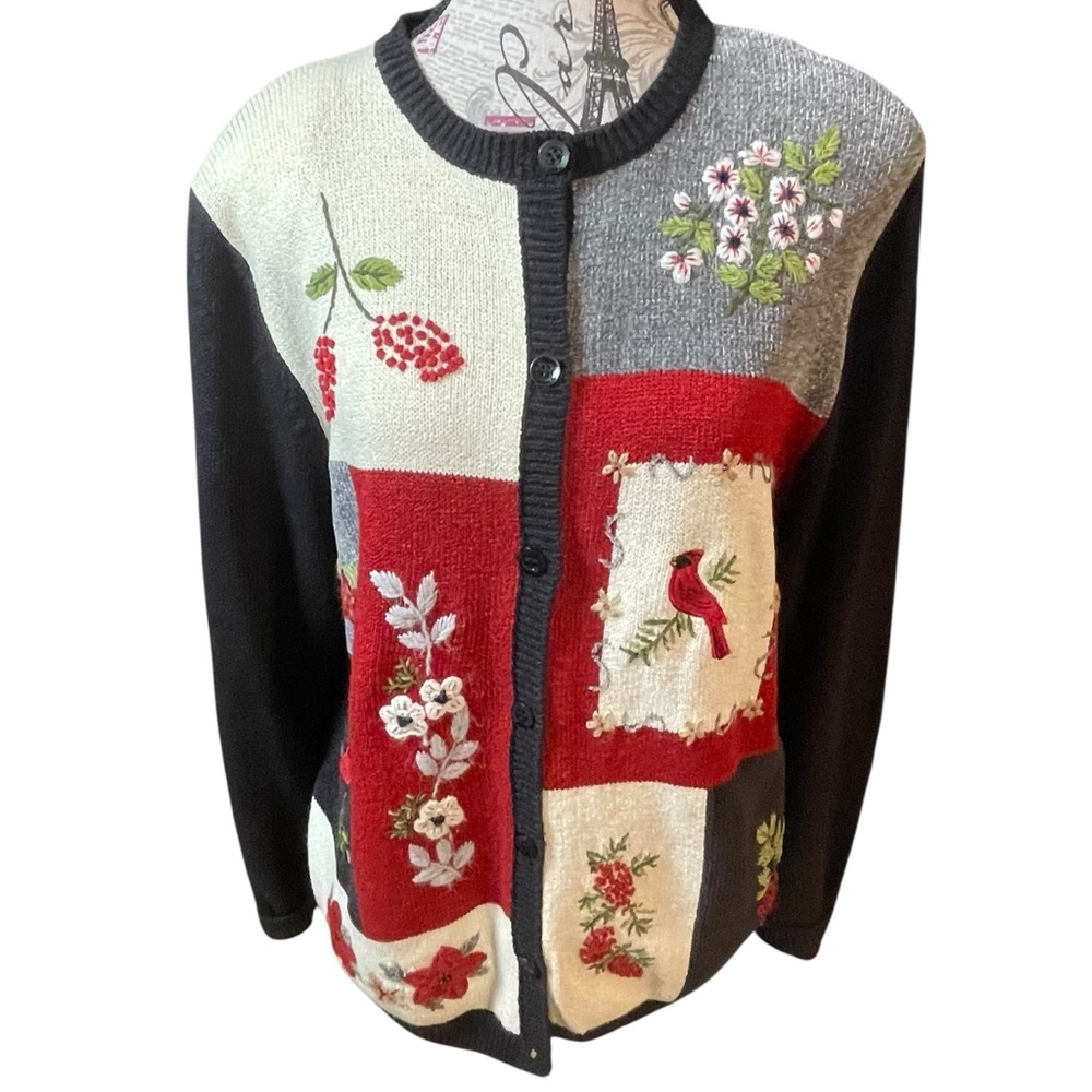 Alfred Dunner Red and Black Floral Cardigan